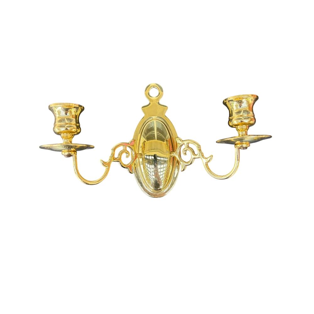 Vintage Brass Wall Mount Sconce Double Taper Candle Stick Holder 2 Arm 6" Tall